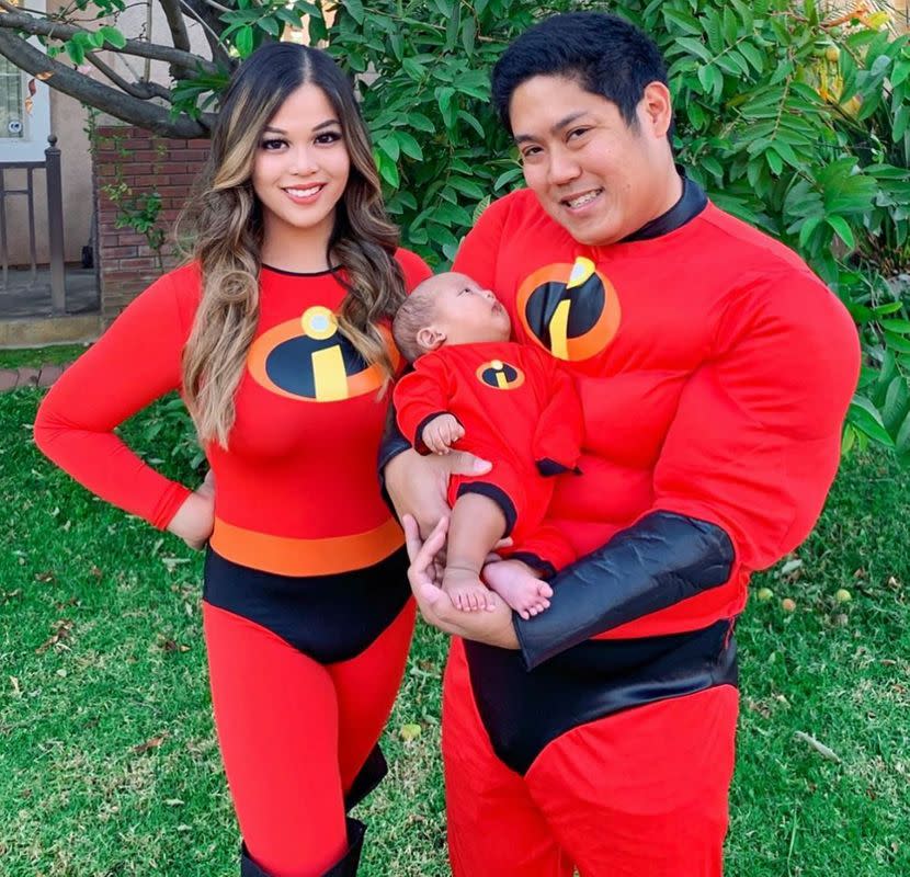 This baby superhero has not one but two sidekicks. These costumes make suburban crimefighters out of the entire family.