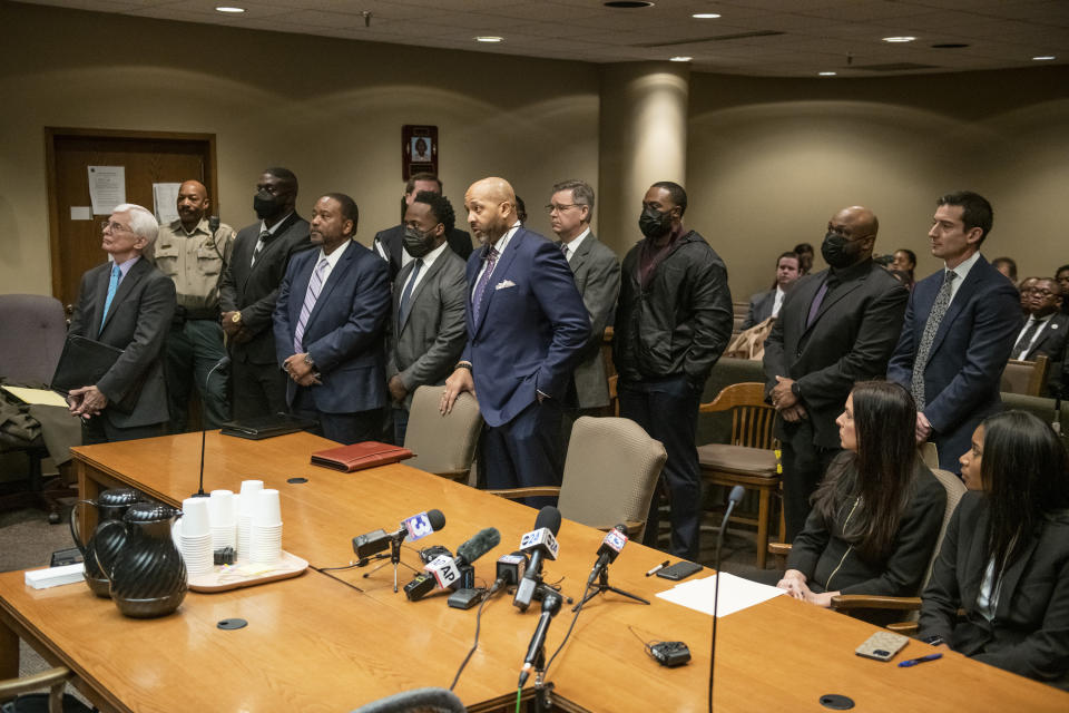 The former Memphis police officers accused of murder in the death of Tyre Nichols appear with their attorneys at an indictment hearing at the Shelby County Criminal Justice Center Friday, Feb. 17, 2023, in Memphis, Tenn. The former police officers pleaded not guilty Friday to second-degree murder and other charges in the violent arrest and death of Nichols, (AP Photo/Brandon Dill)