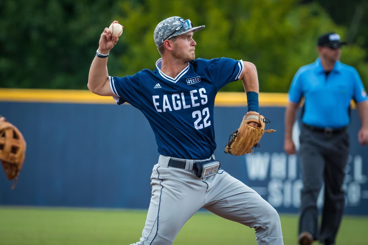 Georgia Southern shortstop Austin Thompson of Rincon (South Effingham High School graduate) makes a play against Texas Tech on Sunday, June 4, 2022 in the Statesboro Regional at J.I. Clements Stadium. Texas Tech won 3-1 to eliminate the Eagles in the double-elimination tournament.