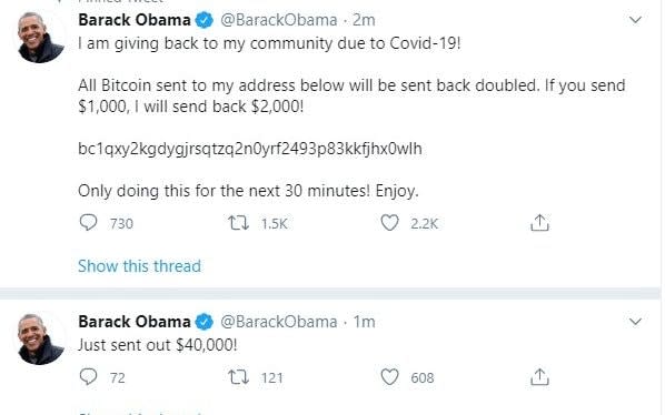 Screen grab taken from the twitter account of former US president Barack Obama after a number of high-profile Twitter accounts, including those of Joe Biden, Elon Musk and Kanye West, were hacked - Twitter/PA