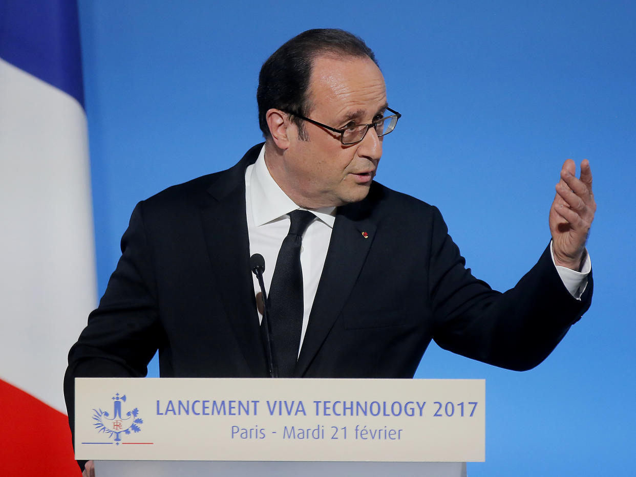 France's President Francois Hollande gestures as he speaks during the global tech conference Viva Technology in Paris at the Elysee Palace in Paris: EPA