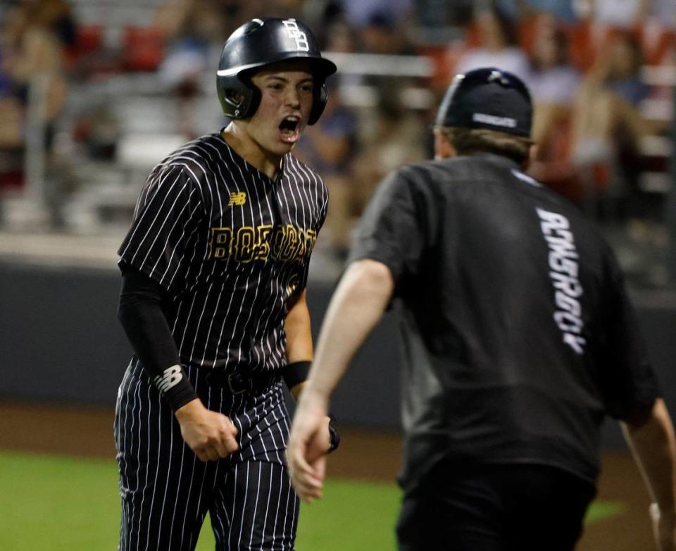 Benbrook first baseman Jaeden Powell yells at the team manager after scoring during a UIL District 4A Region 2 Quarterfinals at Coppell Baseball Complex in Coppell, Texas, Friday, May 17, 2024.