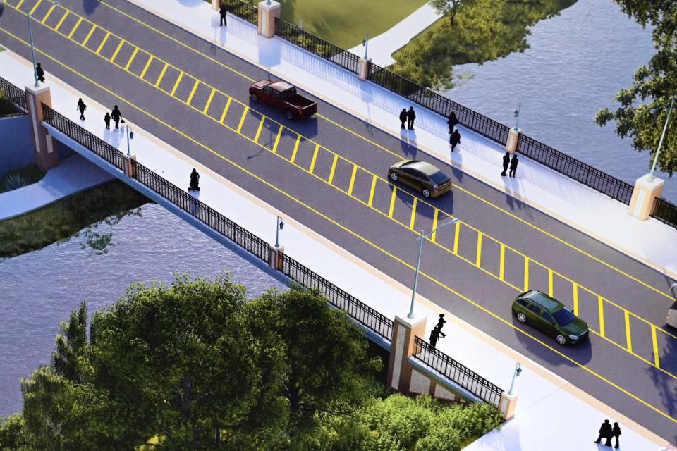 A rendering of the completed Farm Lane bridge project on display at the construction site on Wednesday, July 12, 2023, on the Michigan State University campus in East Lansing.