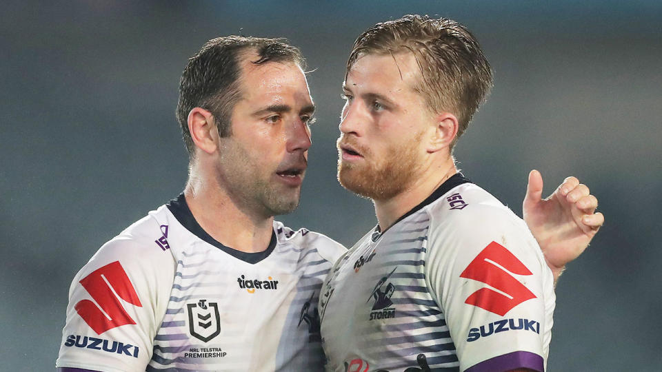 Pictured here Cam Smith and Cameron Munster chat during a Storm match.