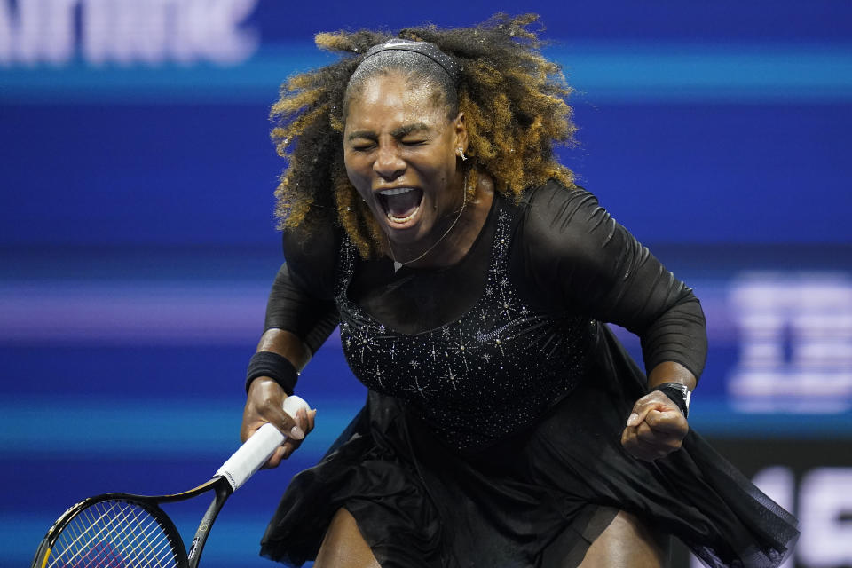 Serena Williams, of the United States, reacts during the first round of the US Open tennis championships against Danka Kovinic, of Montenegro, Monday, Aug. 29, 2022, in New York. (AP Photo/Charles Krupa)