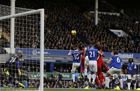 Liverpool's Daniel Sturridge (C) scores a goal against Everton during their English Premier League soccer match at Goodison Park in Liverpool, northern England November 23, 2013. REUTERS/Phil Noble