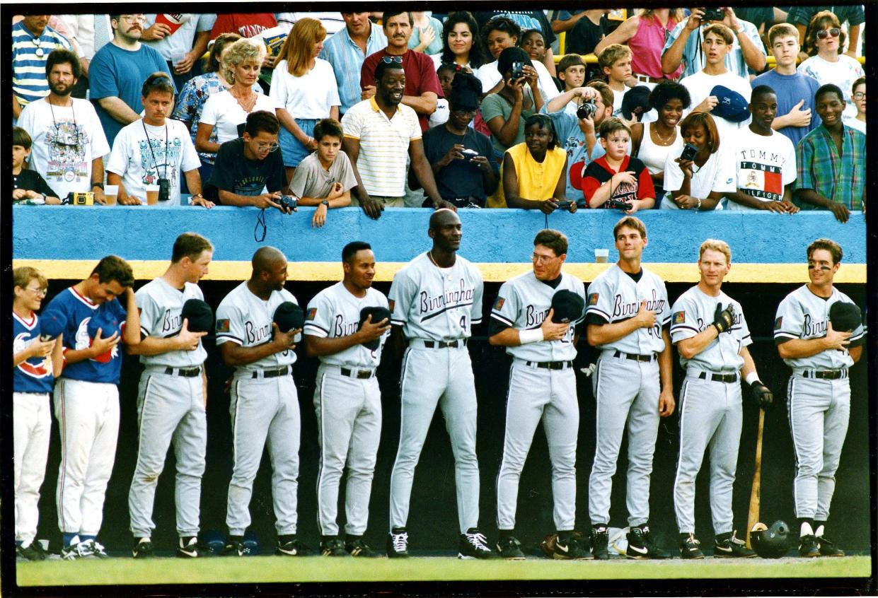 Even during the national anthem on May 12, 1994, it's clear there was one person everyone focused on at Wolfson Park, home of the Jacksonville Suns: Michael Jordan (the tall one), who took a one-year break from basketball to play Double-A baseball for the Birmingham Barons.