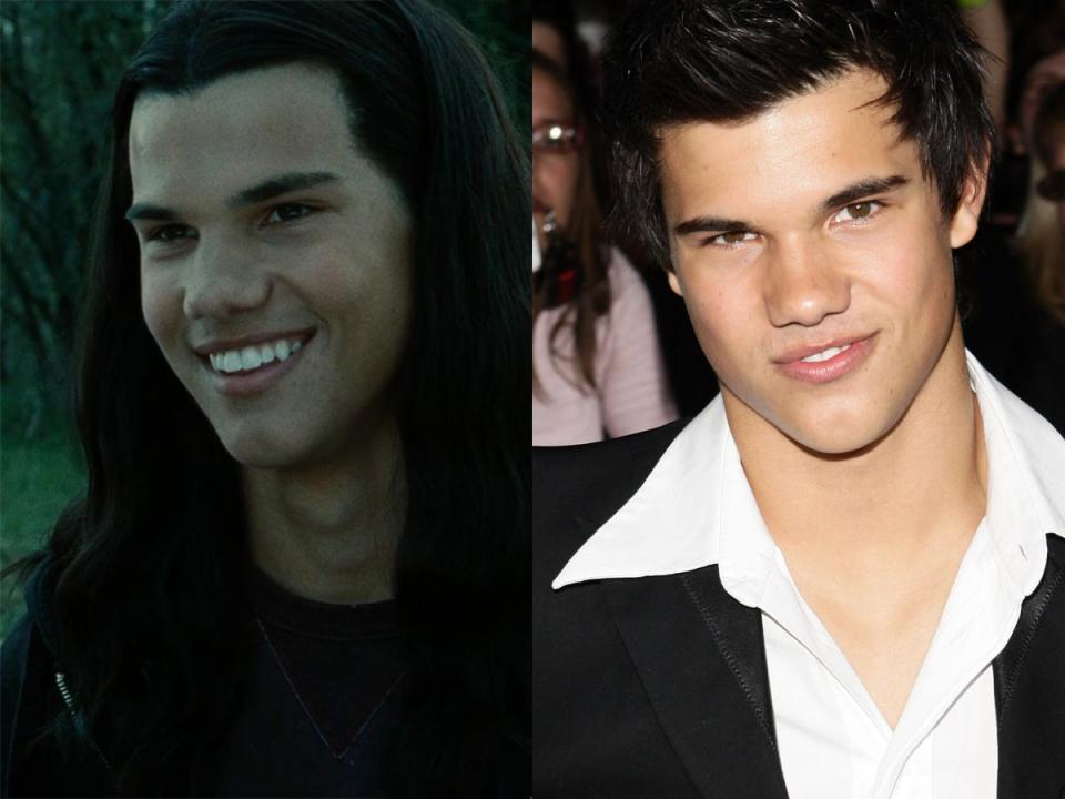 Left: Taylor Lautner as Jacob in "Twilight." Right: Lautner at the LA premiere of "Twilight" in November 2008.