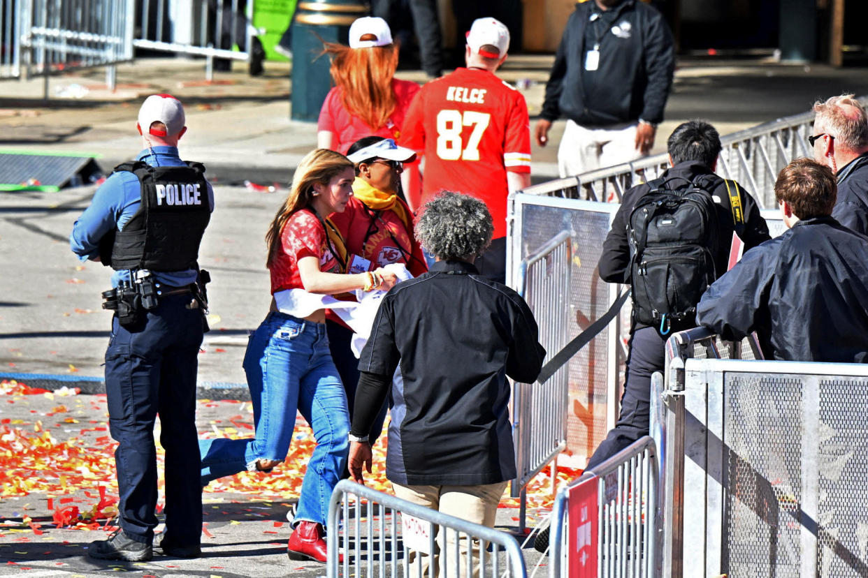 Fans leave the area of the Kansas City Chiefs' Super Bowl celebration after shots were fired on Feb. 14, 2024, in Kansas City, Missouri. / Credit: David Rainey-USA Today Sports