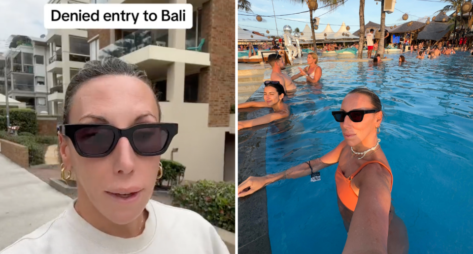 Left image of Elyse talking to camera after being denied entry. Right image of Elyse in Bali.
