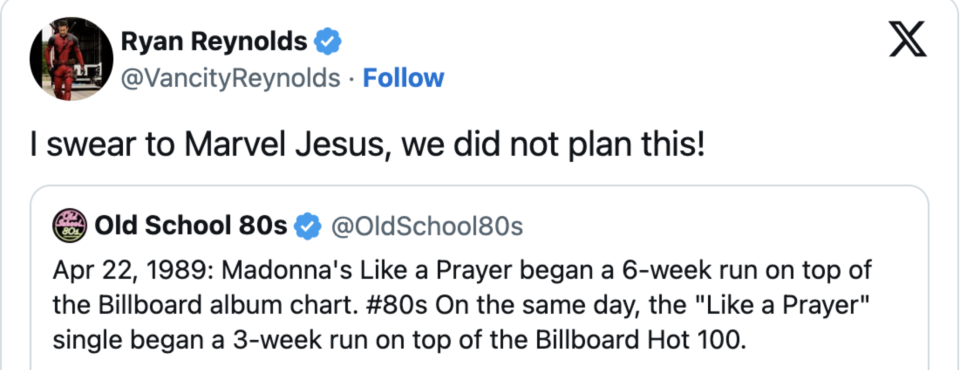 Tweet by Ryan Reynolds expressing surprise, referencing a tweet about Madonna's "Like a Prayer" coincidences