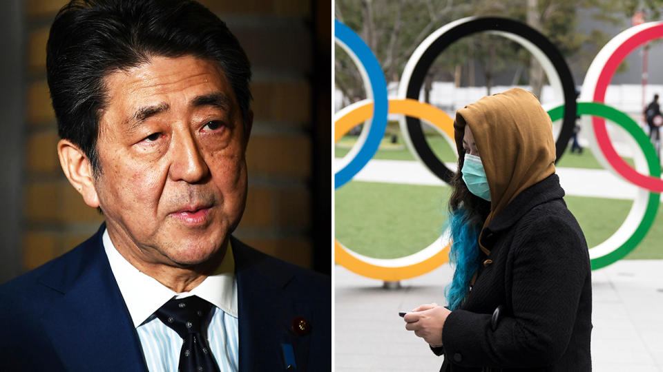 Shinzo Abe, pictured here after the Olympics was postponed until 2021.