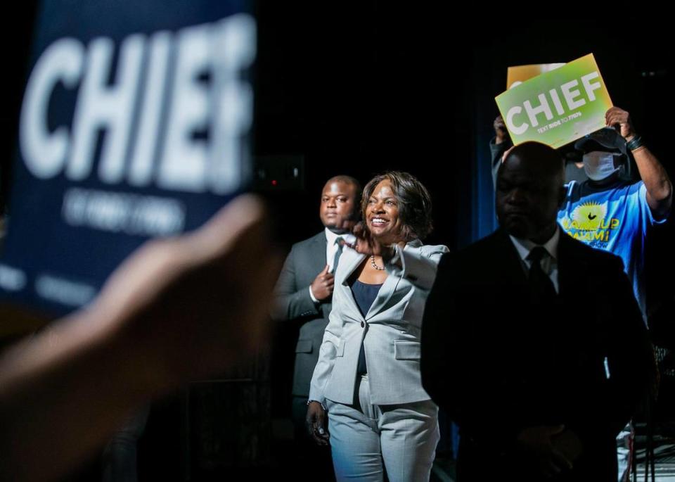 U.S. Rep. Val Demings reacts during the “Meet the Chief” rally at the Little Haiti Cultural Center with supporters in her race for U.S. Senate against Sen. Marco Rubio, in Miami, on Tuesday, May 24, 2022.