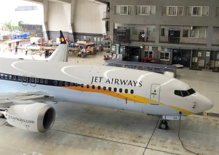 A Jet Airways Boeing 737 MAX 8 aircarft is seen parked inside a hanger during its induction ceremony at the Chhatrapati Shivaji International airport in Mumbai
