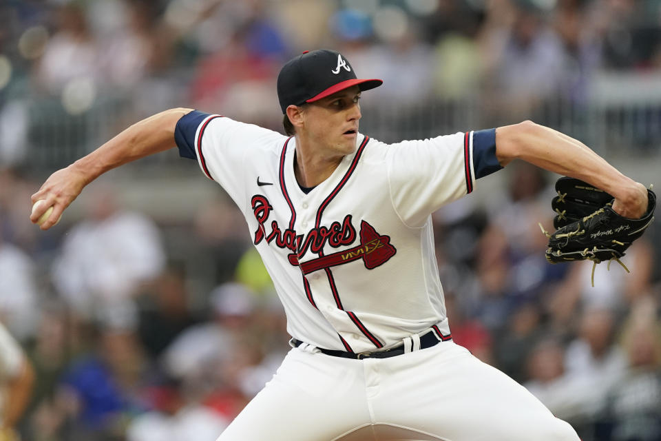 Atlanta Braves starting pitcher Kyle Wright works against the Oakland Athletics during the first inning of a baseball game Tuesday, June 7, 2022, in Atlanta. (AP Photo/John Bazemore)