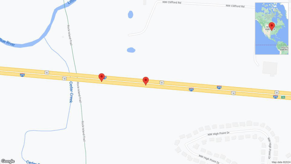 A detailed map that shows the affected road due to 'Broken down vehicle on eastbound I-470 in Lee's Summit' on July 16th at 3:14 p.m.