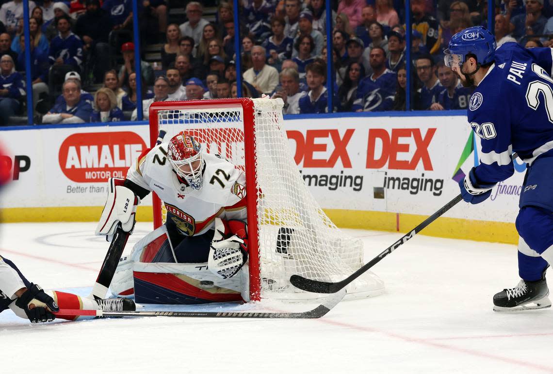 Dec 27, 2023; Tampa, Florida, USA; Tampa Bay Lightning left wing Nicholas Paul (20) shoots as Florida Panthers goaltender Sergei Bobrovsky (72) defends during the first period at Amalie Arena. Mandatory Credit: Kim Klement Neitzel-USA TODAY Sports Kim Klement Neitzel/USA TODAY Sports