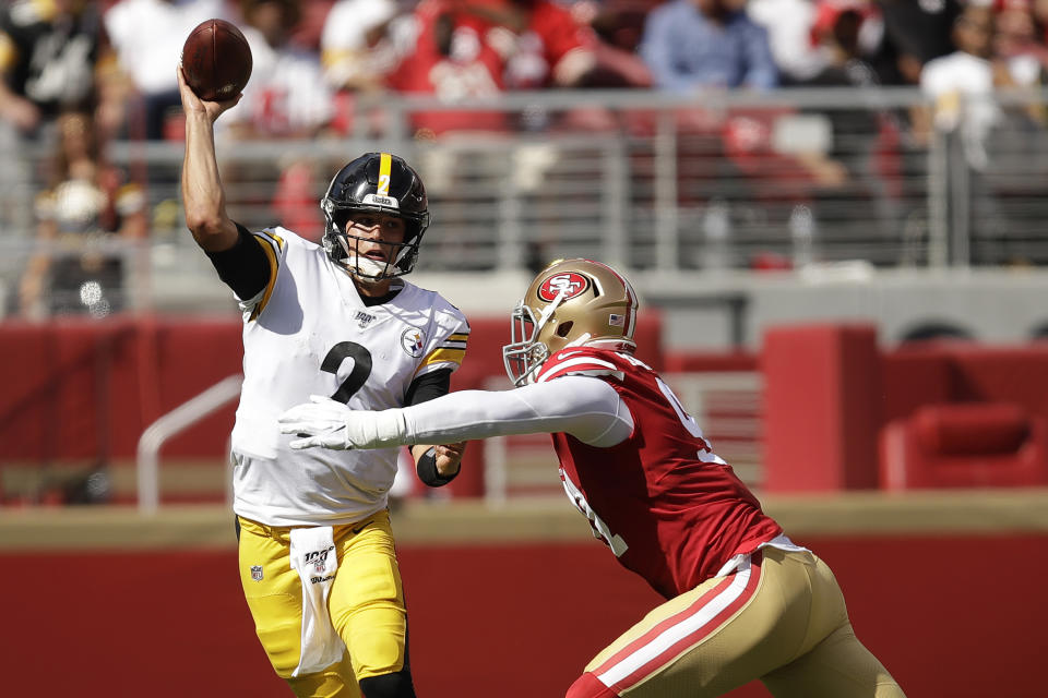 Pittsburgh Steelers quarterback Mason Rudolph (2) passes as he is pressured by San Francisco 49ers defensive end Arik Armstead during the second half of an NFL football game in Santa Clara, Calif., Sunday, Sept. 22, 2019. (AP Photo/Ben Margot)