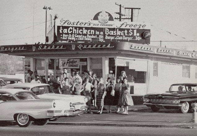 A 1961 photo shows a group of young people outside the Fosters Freeze on Main Street in Barstow.