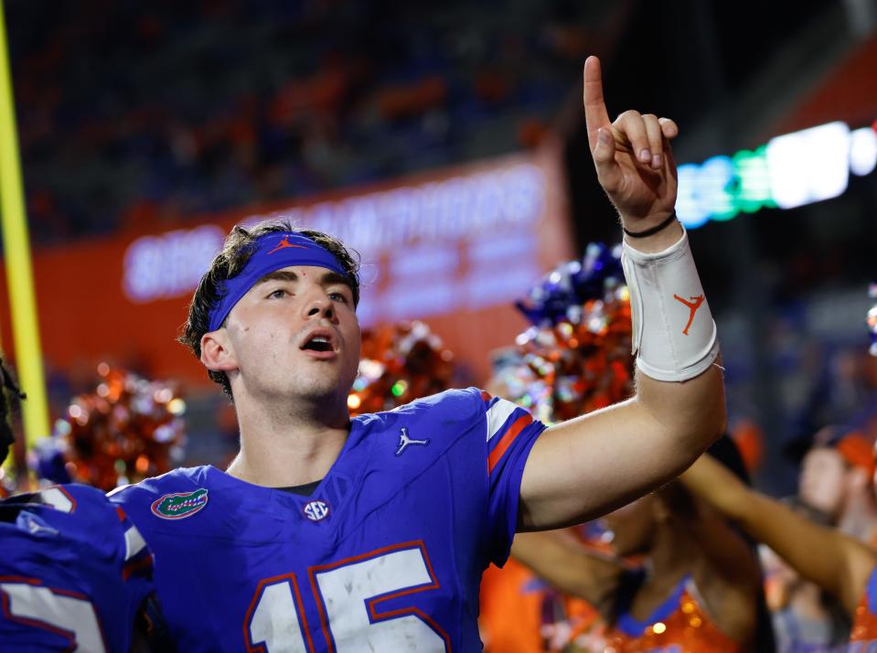 Florida Gators quarterback Graham Mertz (15) after the game against the Charlotte 49ers at Steve Spurrier Field at Ben Hill Griffin Stadium in Gainesville, FL on Saturday, September 23, 2023. [Matt Stamey/Gainesville Sun]