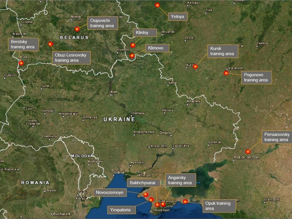 Map of locations around Ukraine where Russia has positioned its forces