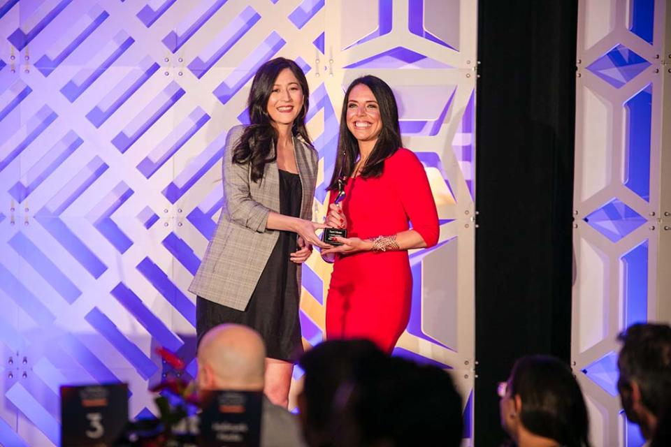 (From l.): Co-host Mina Kimes, ESPN NFL analyst, with honoree Carrie Brzezinski-Hsu, VP, ESPN Creative Studio.