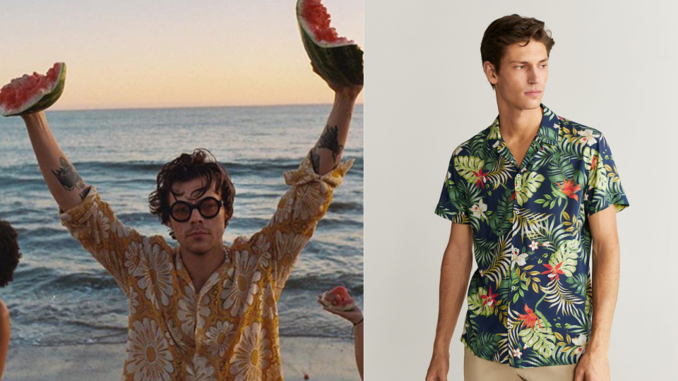 Harry Styles in the "Watermelon Sugar" music video, Tropical print shirt. Images via Youtube/HarryStyles, Mango.