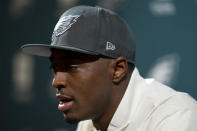 Philadelphia Eagles first-round draft pick Quinyon Mitchell speaks during a news conference held by the NFL football team Friday, April 26, 2024, in Philadelphia. (AP Photo/Chris Szagola)