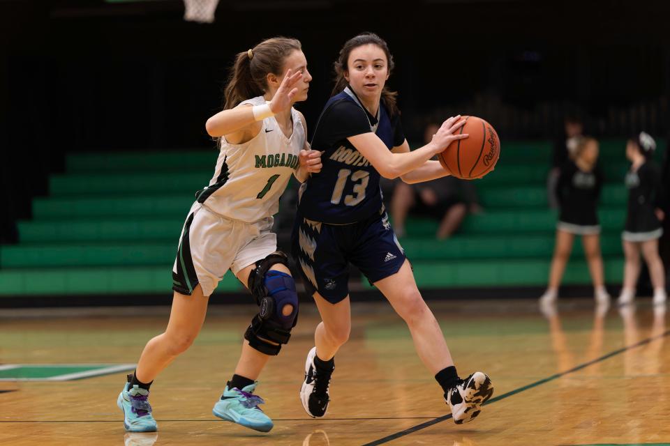 Rootstown guard Melanie Plecko brings the ball up the court as Mogadore's Julie Tompkins defends during a high school basketball game, Wednesday, Feb. 7, 2024, in Mogadore, Ohio.