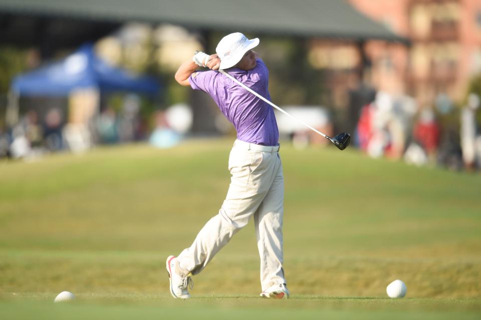 At left Parker Elkins of Clarksville is seen on hole 1 while competeing in the Class AA TSSAA state golf tournament, at Sevierville Golf Club, Tuesday, Oct. 10, 2023.