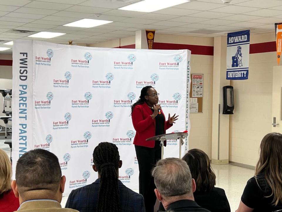 Morningside Middle School Principal Rhonda McGuire gives remarks before the opening of the school’s Viking Market on Tuesday, Feb. 6, 2024, in Fort Worth. “This is just a wonderful opportunity in a much-needed place,” she said.