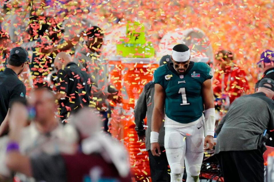 Philadelphia Eagles quarterback Jalen Hurts reacts after Sunday's loss to the Kansas City Chiefs in the Super Bowl. Hurts had 374 yards of offense and three rushing touchdowns, a Super Bowl record for quarterbacks.