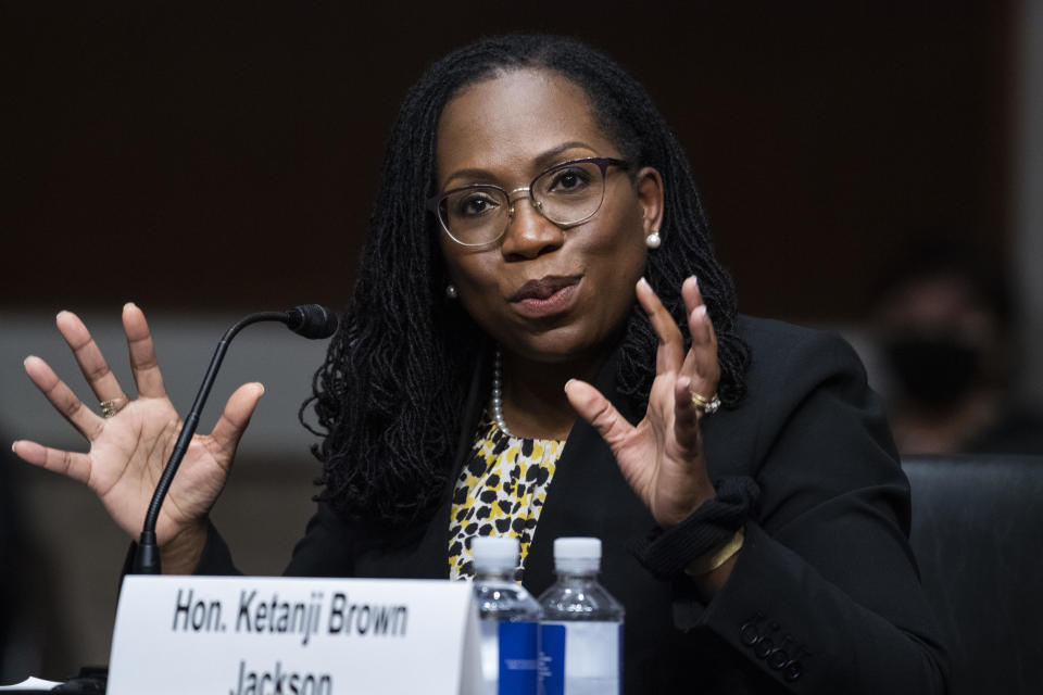 Judge Ketanji Brown Jackson speaks during a Senate Judiciary Committee confirmation hearing on Wednesday, April 28, 2021. / Credit: Tom Williams/CQ Roll Call/Bloomberg via Getty Images