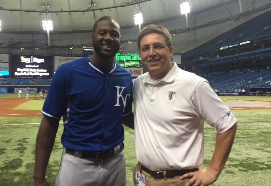 Former TCC baseball player Lorenzo Cain and Rob Chaney reunite during pregame between the Kansas City Royals at Tampa Bay Rays in 2015.