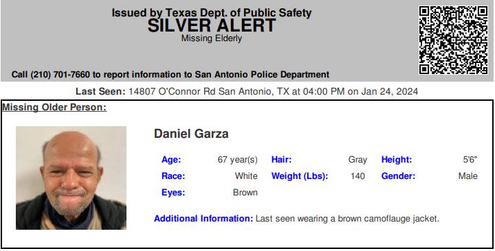 A Silver Alert was issued for an elderly man last seen in San Antonio | Courtesy Texas DPS