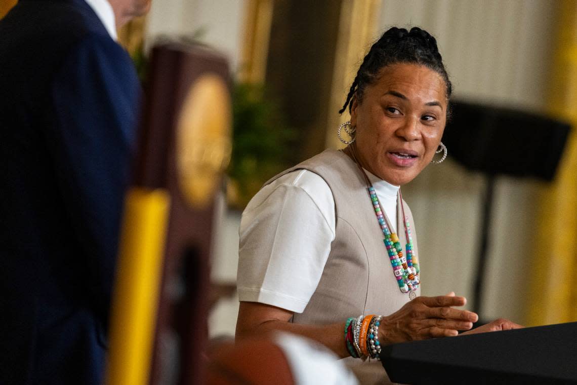 Washington, DC, USA; South Carolina Gamecocks head coach Dawn Staley speaks during a ceremony welcoming the women’s basketball 2023-2024 NCAA championship team in the East Room of the White House on Sep 10, 2024.