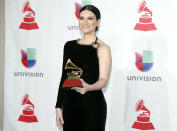 Laura Pausini poses in the press room with the award for best traditional pop vocal album for "Hazte Sentir" at the Latin Grammy Awards on Thursday, Nov. 15, 2018, at the MGM Grand Garden Arena in Las Vegas. (Photo by Eric Jamison/Invision/AP)