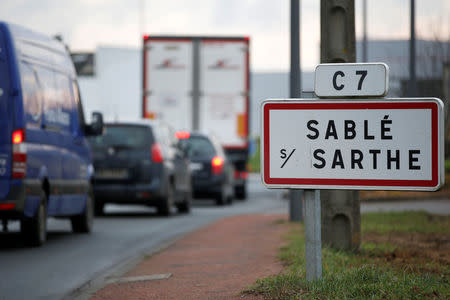 A road sign shows the city entrance in Sable-sur-Sarthe, western France, January 31, 2017. In Sable-sur Sarthe, a farming town of 13,000 where Francois Fillon, 2017 presidential candidate of the French centre-right, has been the dominant figure since launching himself on a 30-year career in public life which led to a five-year spell as prime minister, Fillon’s scandal over his wife’s work is on everyone's minds. Picture taken January 31, 2017. REUTERS/Stephane Mahe