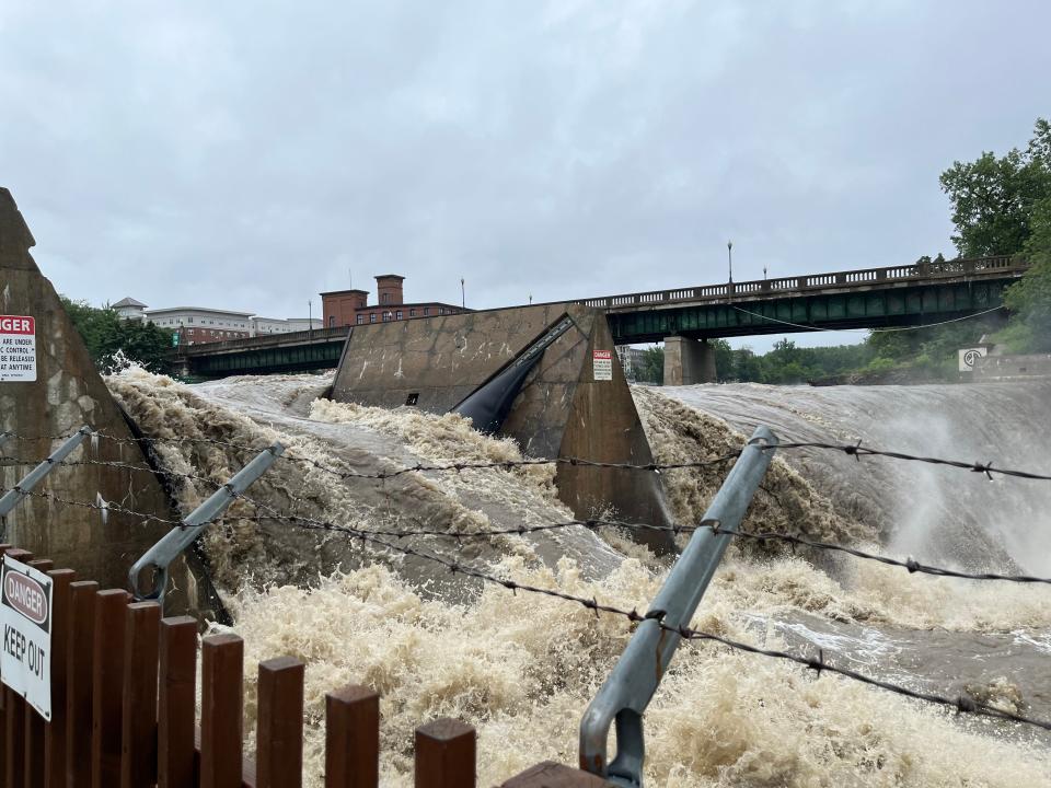 Winooski River shown at the hydroelectric dam in Winooski on July 10, 2023. Trees were taken down the river and now sit in Lake Champlain.