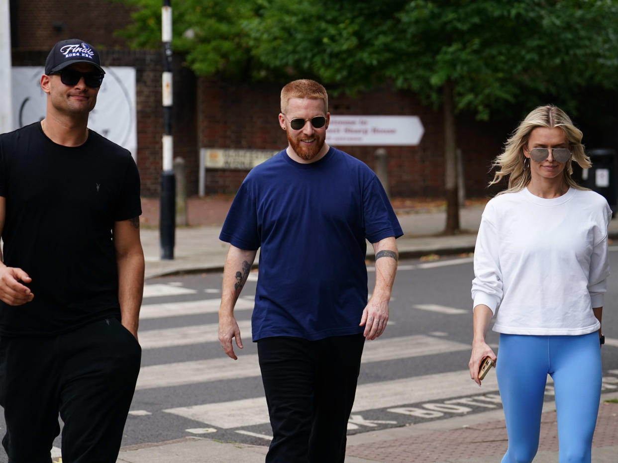 Strictly Come Dancing professional dancers Aljaz Skorjanec (left), Neil Jones (centre) and Nadiya Bychkova seen outside a dance studio in London where the dancers have been rehearsing ahead of the new series. Picture date: Wednesday July 24, 2024. (Photo by Jordan Pettitt/PA Images via Getty Images)