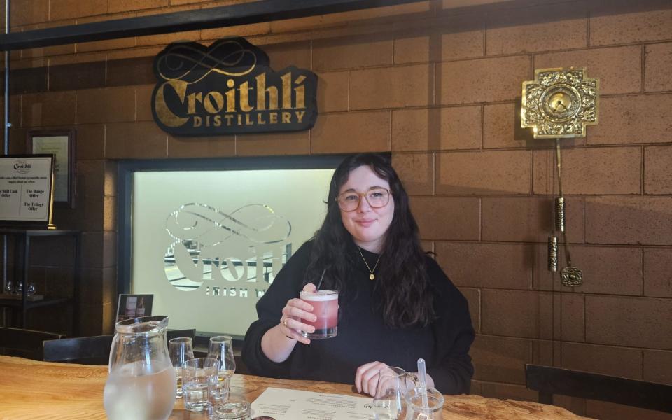 Sophie gets into the mood at Crolly Distillery