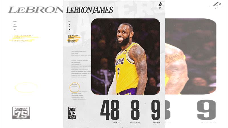 詹姆斯（LeBron James）飆本季新高48分，外加9助攻8籃板，賞火箭11連敗。（圖／翻攝自湖人推特）