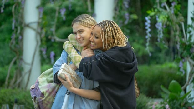 Bee (Maria Bakalova) and Sophie (Amandla Stenberg) with her little skeleton earring peeking out.<p>Photo: Gwen Capistran/Courtesy of A24</p>