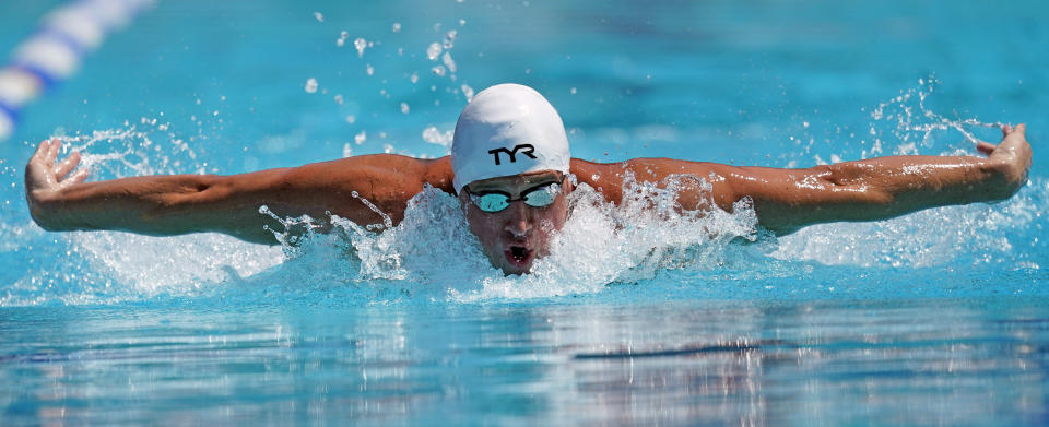 Ryan Lochte competes in the men's 200-meter individual medley time trial at the U.S. national swimming championships in Stanford, Calif., Wednesday, July 31, 2019. Lochte is returning from a 14-month suspension. (AP Photo/David J. Phillip)