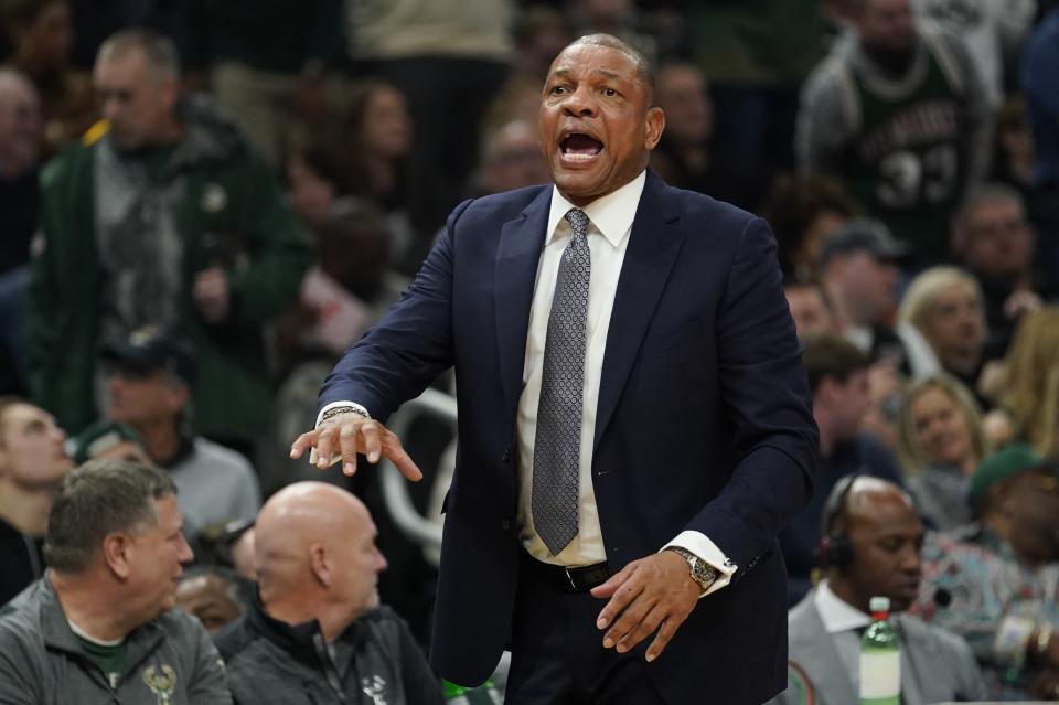 LA Clippers head coach Doc Rivers reacts to a call during the first half of an NBA basketball game against the Milwaukee Bucks Friday, Dec. 6, 2019, in Milwaukee. (AP Photo/Morry Gash)