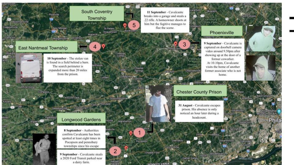 Cavalcante has managed to sneak past the initial search perimeter established by law enforcement (Chester County DA/Google Maps/Indy composites)