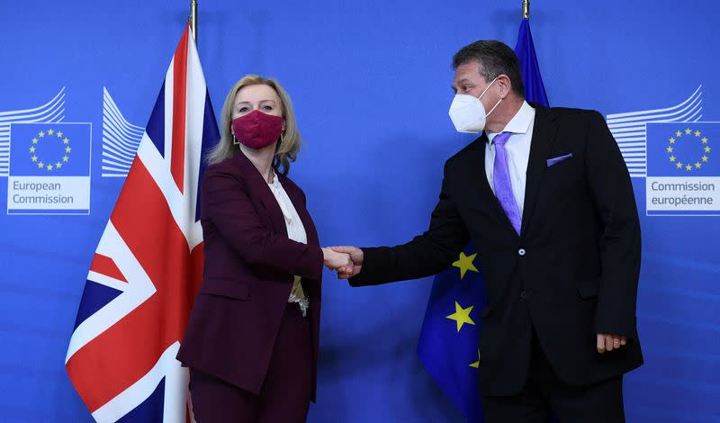 British foreign secretary Liz Truss and the EU commissioner Maros Sefcovic meet in Brussels