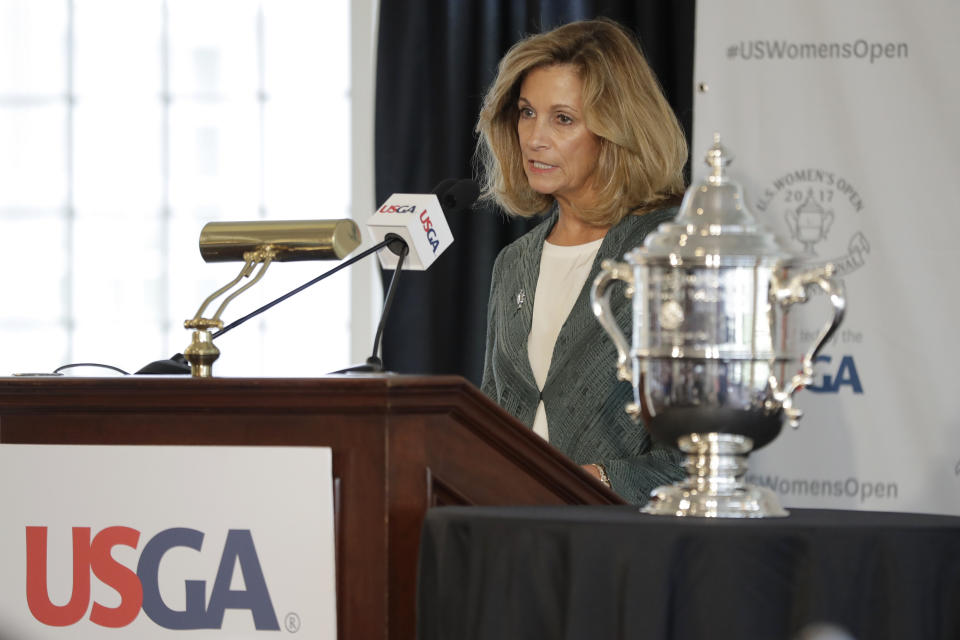 FILE - Diana Murphy, president of the United States Golf Association, speaks during a media event at Trump National Golf Club, May 24, 2017, in Bedminster, N.J. Murphy was only the second female president in the 128-year history of the USGA. (AP Photo/Julio Cortez, File)