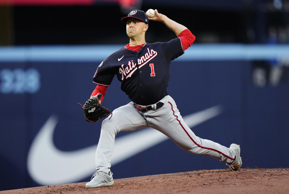 Washington Nationals starting pitcher MacKenzie Gore (1) works against the Toronto Blue Jays during the first inning of a baseball game Tuesday, Aug. 29, 2023, in Toronto. (Frank Gunn/The Canadian Press via AP)