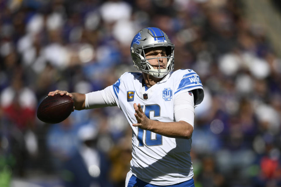 Detroit Lions quarterback Jared Goff throws during the first half of an NFL football game against the Baltimore Ravens, Sunday, Oct. 22, 2023, in Baltimore. (AP Photo/Nick Wass)